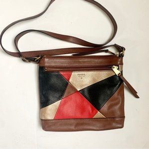Fossil Fiona Leather Patchwork Colorblock Crossbody Bag Geometric Red Gold